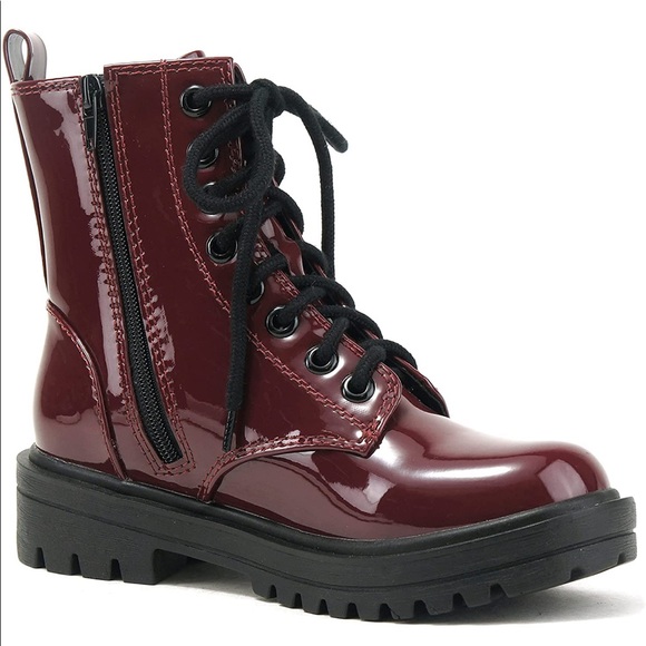 Burgundy Lace Up Combat Boots - Picture 3 of 7